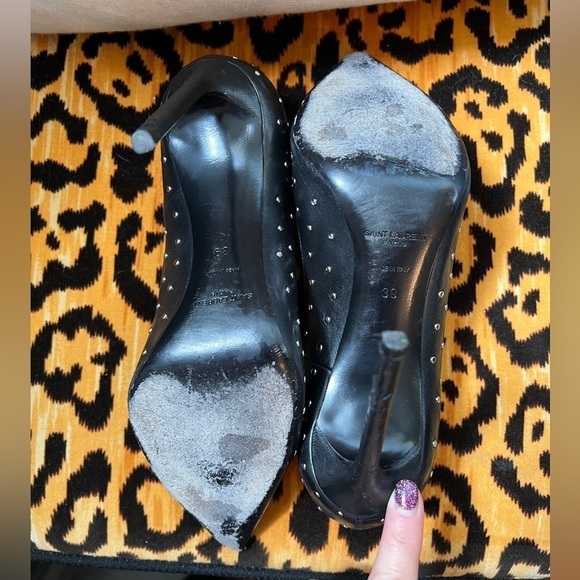 SAINT LAURENT YSL  Black Studded Leather Pointed Toe Pumps - Picture 3 of 15